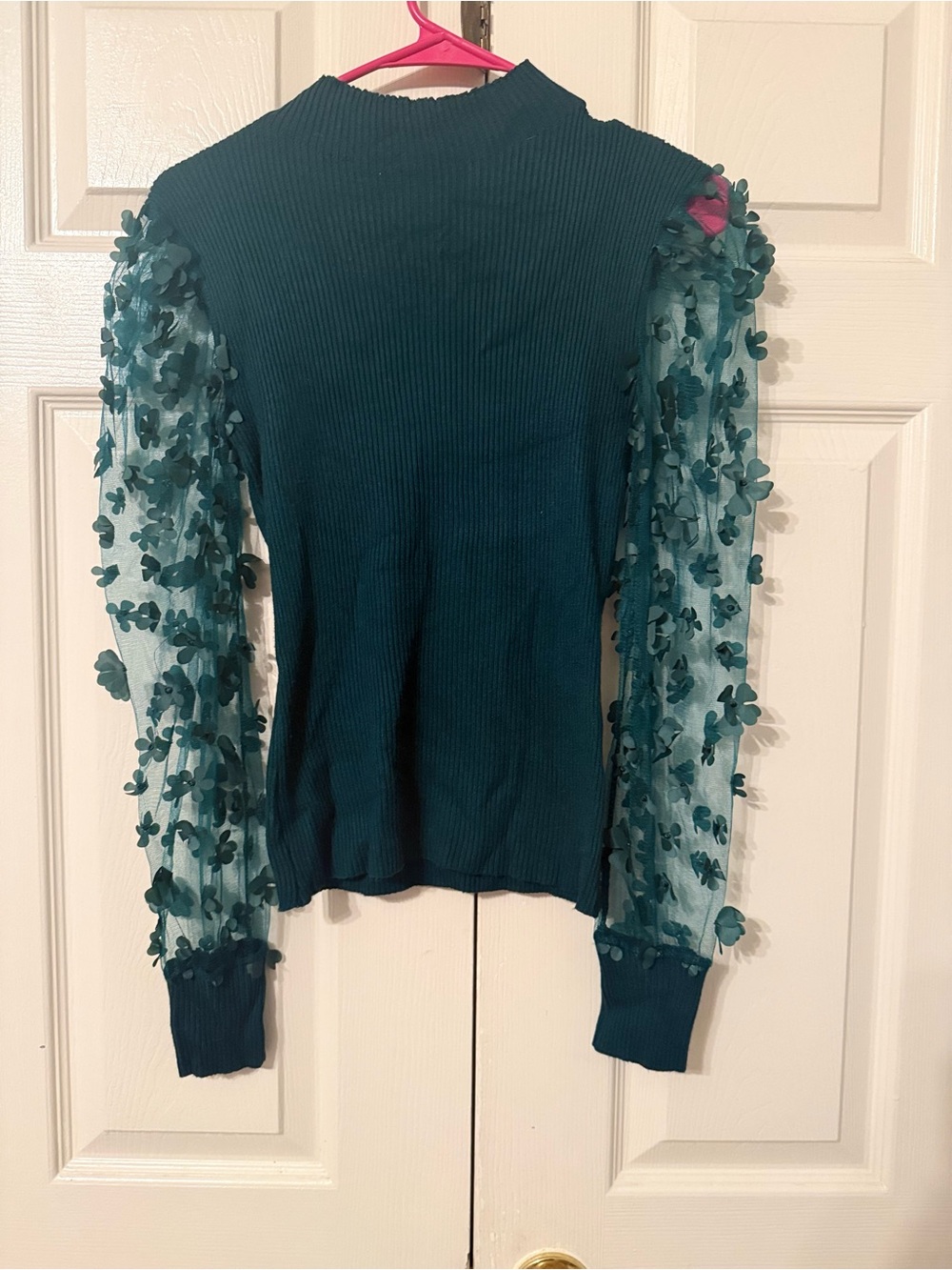 Green Floral Mesh Sleeve Ribbed Knit Top
